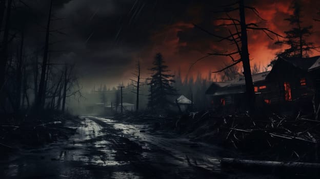 Banner: Foggy night in the forest. 3D render. Halloween concept