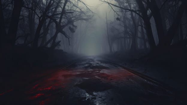 Banner: Mysterious dark forest with fog and road. Horror Halloween concept
