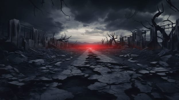 Banner: Horror scene with dead trees and path. 3D rendering.
