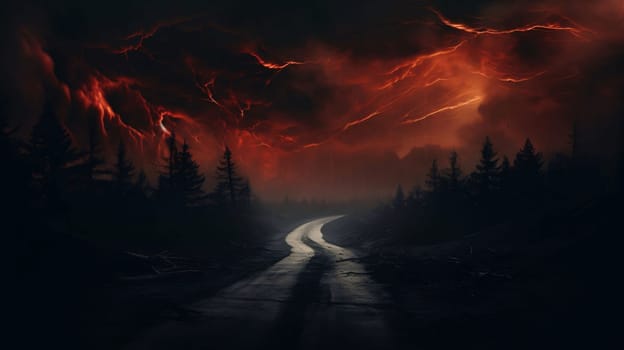 Banner: Fiery thunderstorm over the road in the forest. Halloween concept