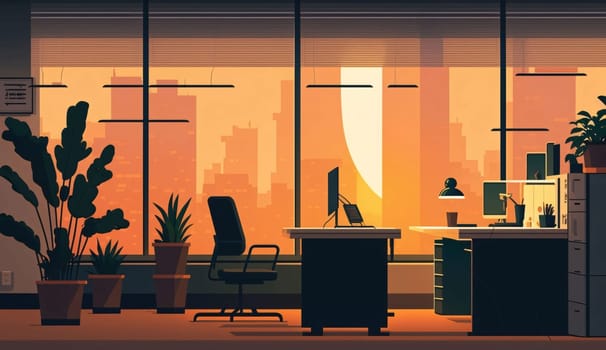 Banner: Modern office interior with furniture and city view. Flat vector illustration.