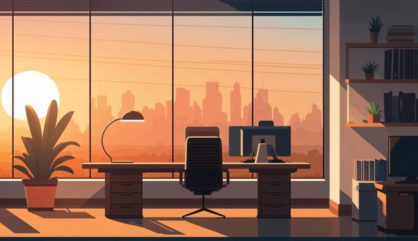 Banner: Office interior with furniture, panoramic window and city view. Vector illustration