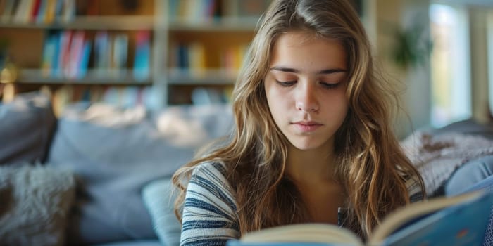 teen girl reading a book at home. ai generated