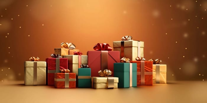 Banner: 3d render of colorful gift boxes on orange background with bokeh effect