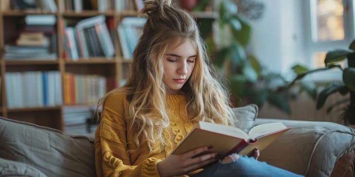 teen girl reading a book at home. ai generated