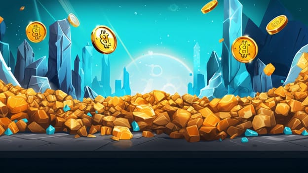 Banner: Game background with gold coins and rocks. Cartoon style vector illustration.