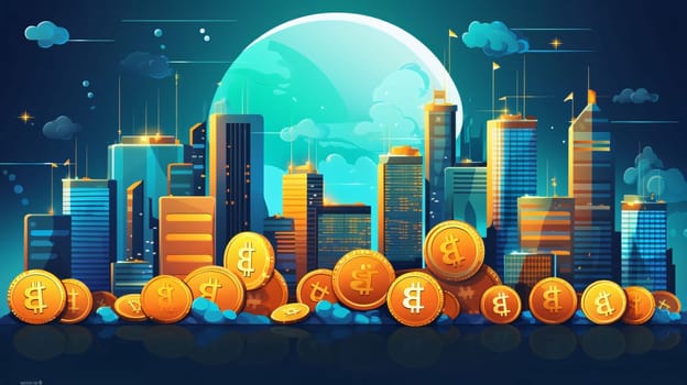 Banner: Vector illustration of bitcoin coin and city background. Cryptocurrency concept.