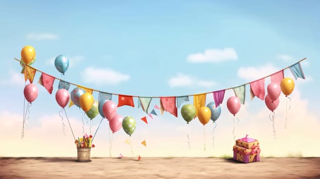 Banner: Colorful balloons and gift box against blue sky over sand dunes