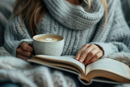 young woman reading a book at home and drinking coffee. ai generated