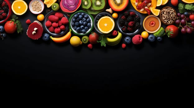 Banner: Healthy food background with fruits and berries. Top view with copy space