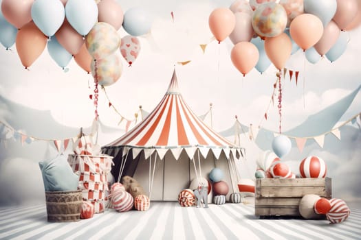 Banner: Cute vintage circus tent with balloons and decorations. 3d rendering