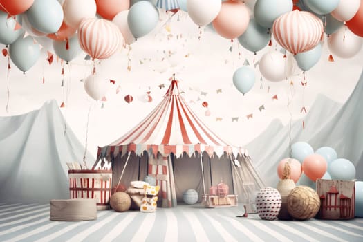 Banner: Beautiful circus tent with balloons and gifts. 3d rendering.