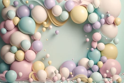 Banner: 3d render, abstract background with pastel colored balloons and confetti