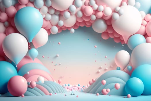 Banner: 3d render of abstract background with pastel color balloons and clouds