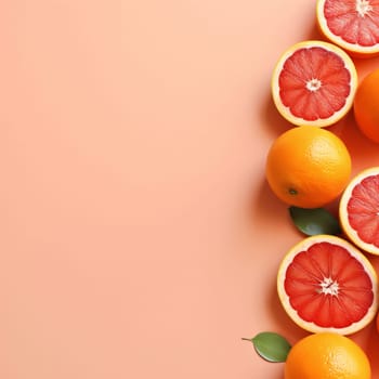 Banner: Citrus background with grapefruits and leaves on a pink background