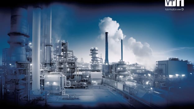 Banner: Double exposure of oil refinery at night. Oil and gas industry.