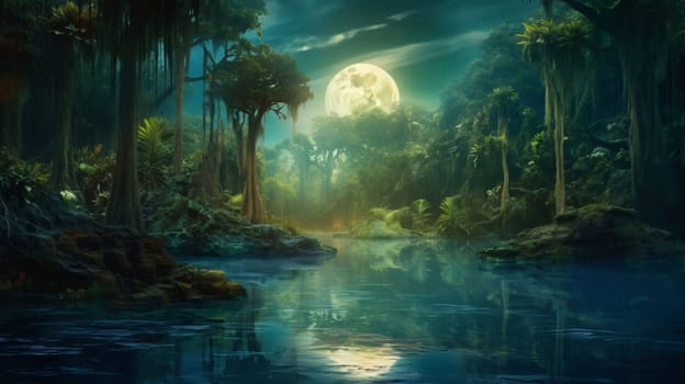 Banner: Fantasy fantasy landscape with river and full moon. 3d illustration