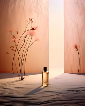 Banner: 3d rendering of a perfume bottle in a room with a beige wall