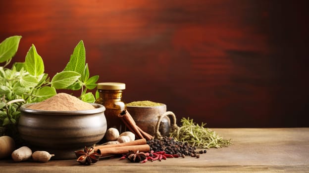 Banner: Mortar and pestle with herbs and spices on wooden table