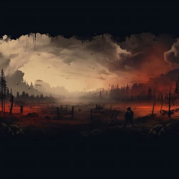 Banner: Fantasy landscape with a forest and a man in a gas mask.