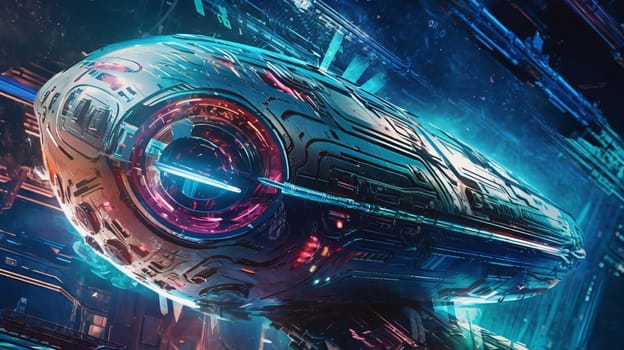 Banner: Futuristic space ship in deep space. 3D Rendering