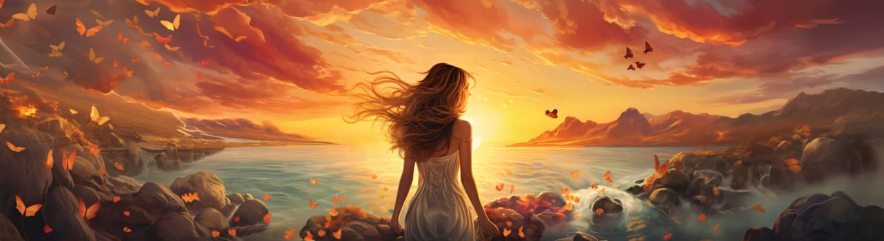 Banner: Fantasy landscape with beautiful woman in white dress and flying butterflies.