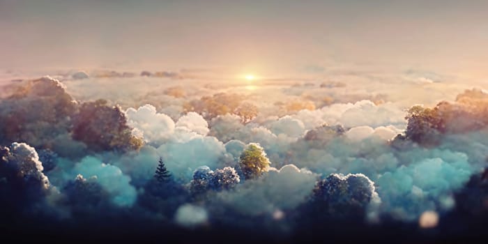Banner: Fantasy landscape with foggy forest and sunset. 3d rendering