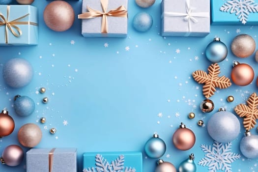Banner: Christmas composition. Gifts, christmas decorations on blue background. Flat lay, top view, copy space