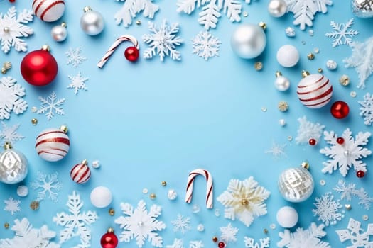 Banner: Christmas background with snowflakes, christmas balls and candy canes on blue background