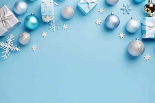Banner: Christmas and New Year background with blue balls, gift boxes and snowflakes