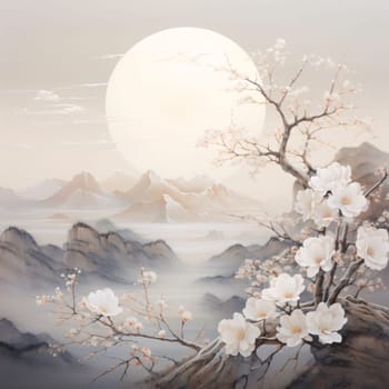 Banner: Mountain landscape with cherry blossom and full moon. Digital painting.