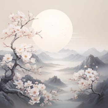 Banner: Cherry blossom sakura spring flower background, Japanese traditional painting