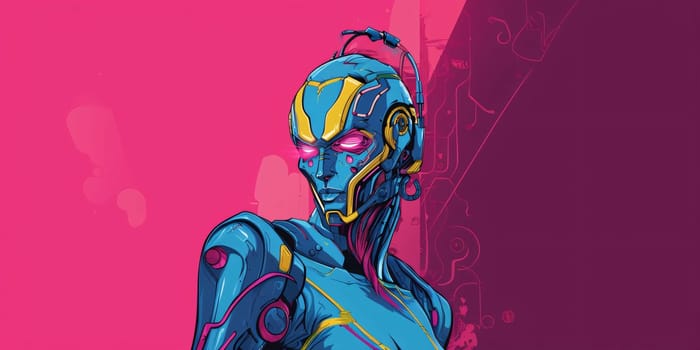 Banner: Illustration of a female cyborg on pink background with copy space