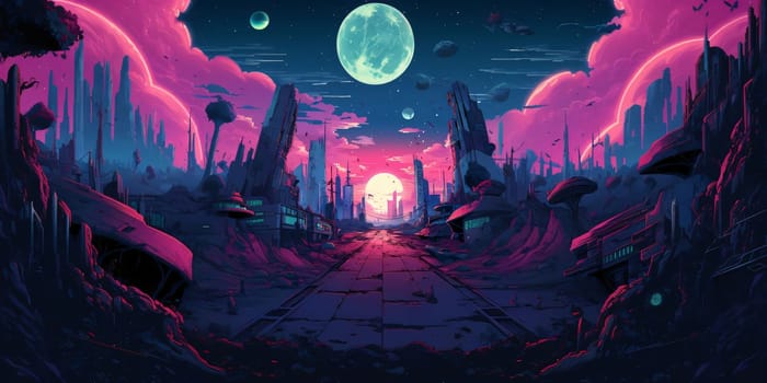 Banner: Fantasy alien planet. Cartoon illustration of a fantasy alien planet.