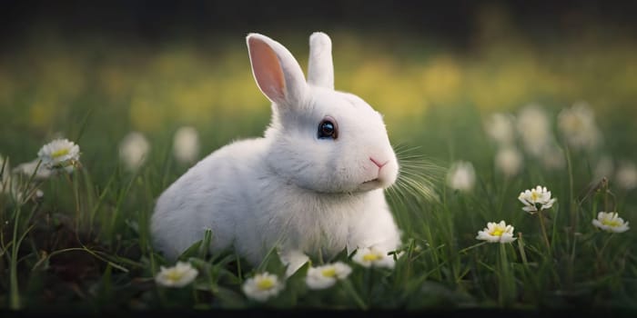 Easter rabbit: Cute little white rabbit sitting in the grass and daisy flowers
