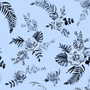 Watercolor monochrome vintage seamless pattern with flowers of white roses and tropical palm leaves for summer textiles