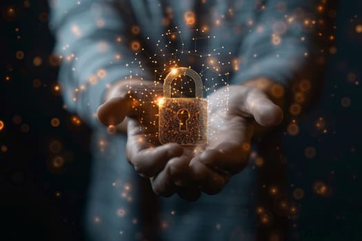 A person is holding a key in their hand, with a glowing effect surrounding it. Concept of security and protection, as the key is often associated with locking and unlocking doors