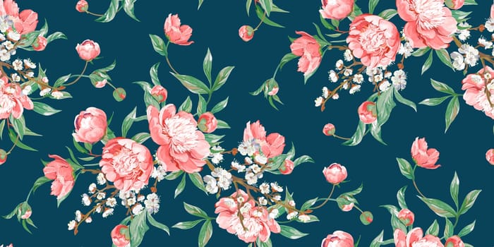 Seamless realistic Asian pattern drawn with pink peonies in a classic oriental style for textile