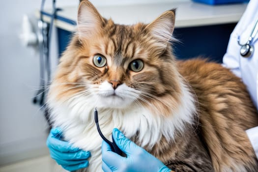 Veterinarian gently holds the affectionate cat in his hands, standing calmly against the backdrop of the procedure table and medical equipment. An ideal image for Veterinarian Day