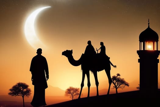 Islamic Night Mubarak. Landscape Design Building Sunset Black Ramadan. Mosques Dome with Crescent Moon. Islamic New Year