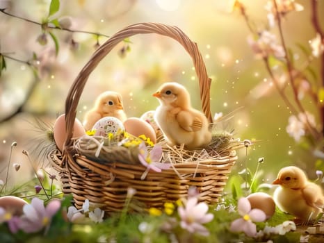 Feasts of the Lord's Resurrection: Easter eggs and chickens in a basket on spring nature background.