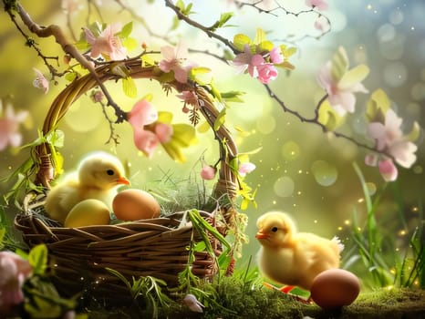 Feasts of the Lord's Resurrection: Basket with easter eggs and yellow chickens on green spring background