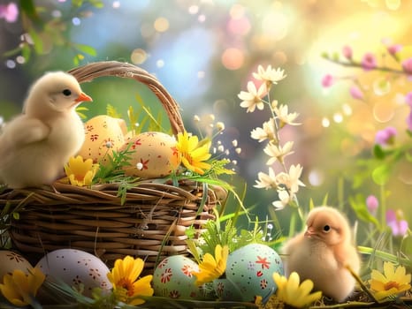 Feasts of the Lord's Resurrection: Easter basket with easter eggs and chickens on nature background.