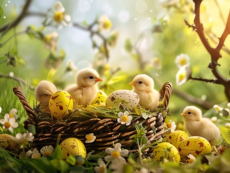 Feasts of the Lord's Resurrection: Easter eggs in a basket with little yellow chickens and spring flowers