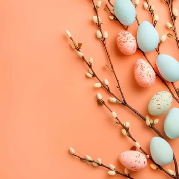 Feasts of the Lord's Resurrection: Easter eggs and willow branches on orange background. Flat lay, top view