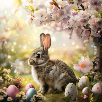 Feasts of the Lord's Resurrection: Easter bunny with eggs and spring flowers on bokeh background