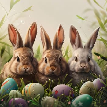 Feasts of the Lord's Resurrection: Easter bunnies in the grass with colored eggs, illustration