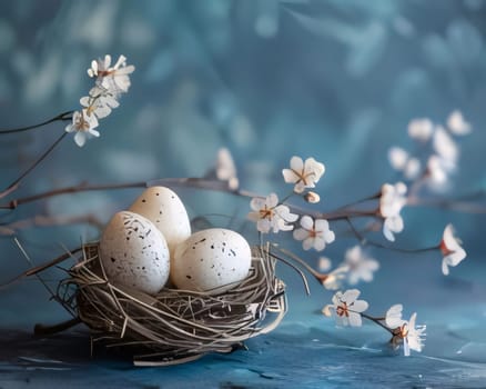 Feasts of the Lord's Resurrection: Easter eggs in a nest on a blue background with white flowers