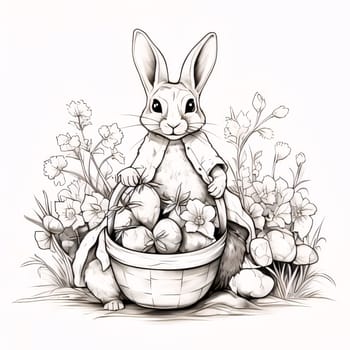 Feasts of the Lord's Resurrection: Easter bunny with basket of eggs on the meadow. Vector illustration.