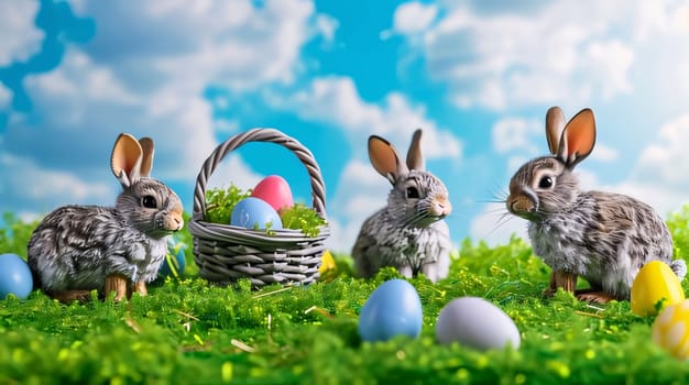 Feasts of the Lord's Resurrection: Easter bunnies with basket of eggs on green grass background